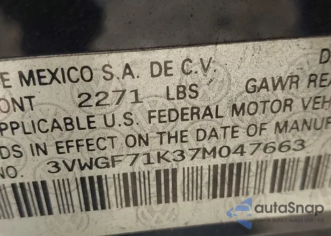 2007 Volkswagen Jetta from USA, damaged, VIN 3VWGF71K37M047663